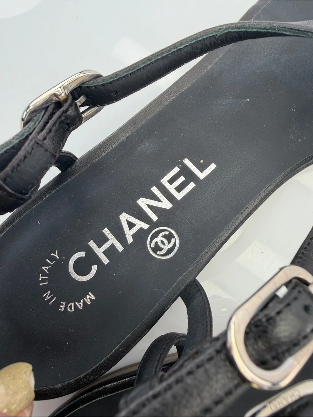 CHANEL Black Leather Pearl-Embellished T-Strap Sandals 38.5